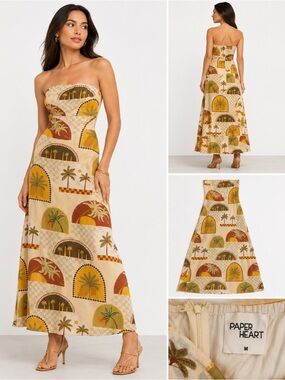 Paper Heart Beige Strapless Maxi Dress with Palm Print